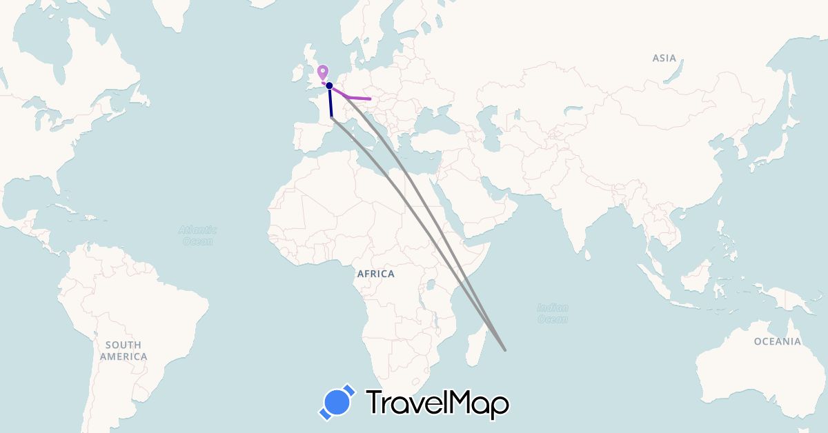 TravelMap itinerary: driving, plane, train in Austria, France, United Kingdom, Réunion (Africa, Europe)